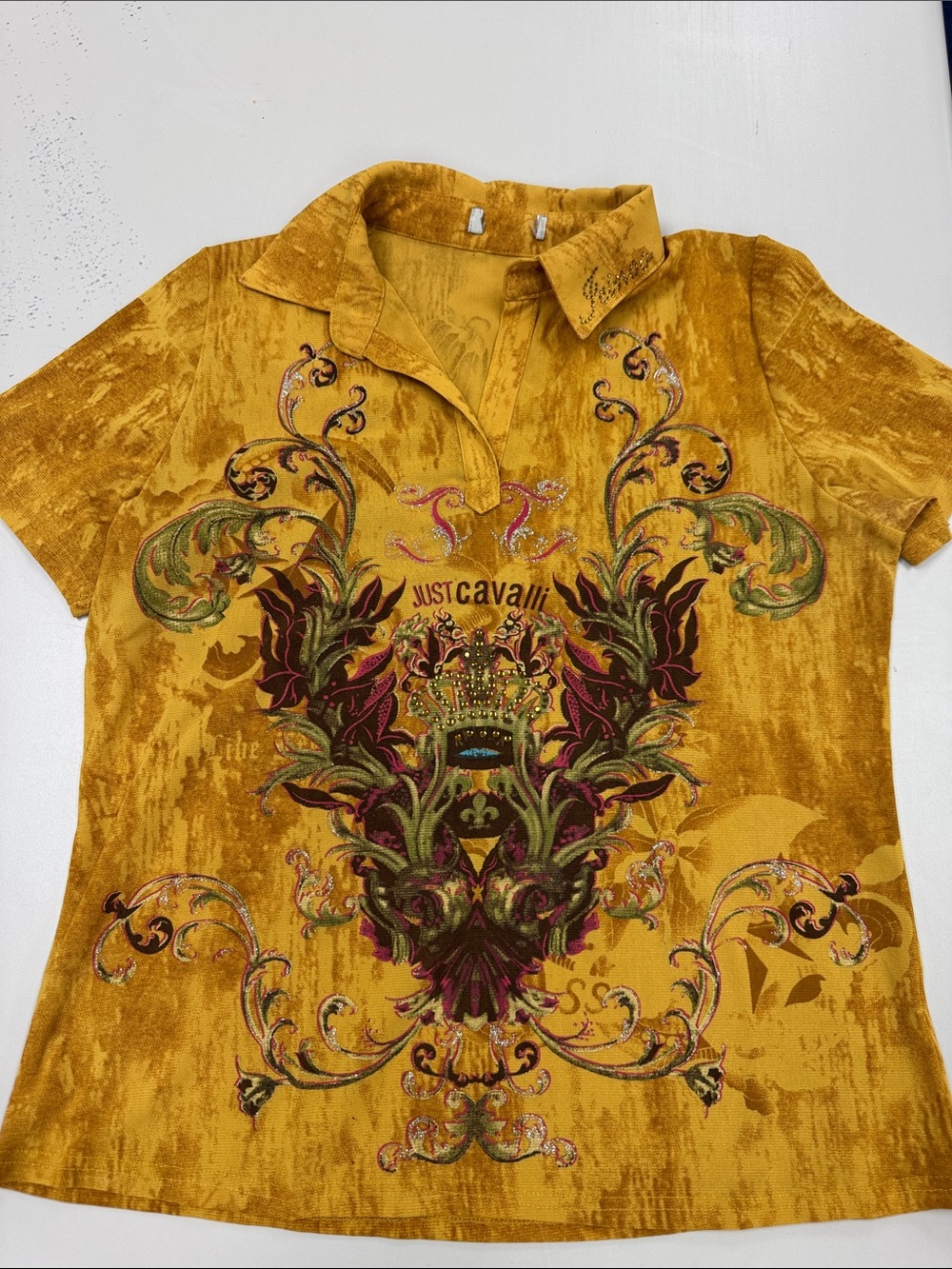 Just Cavalli Gold Embroidered Velvet Polo Shirt
